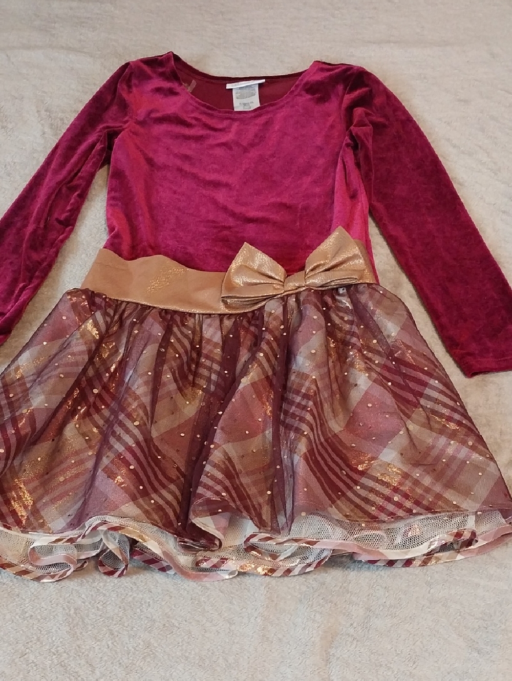 Bonnie Jean Burgundy Velvet and Gold Bow Party Dress